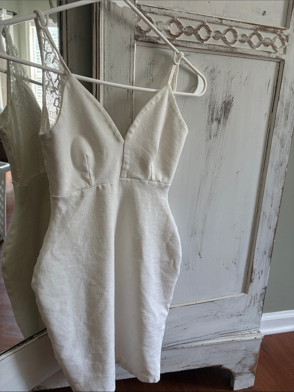 Cream Spaghetti-Strap Mini Dress with V-Neck